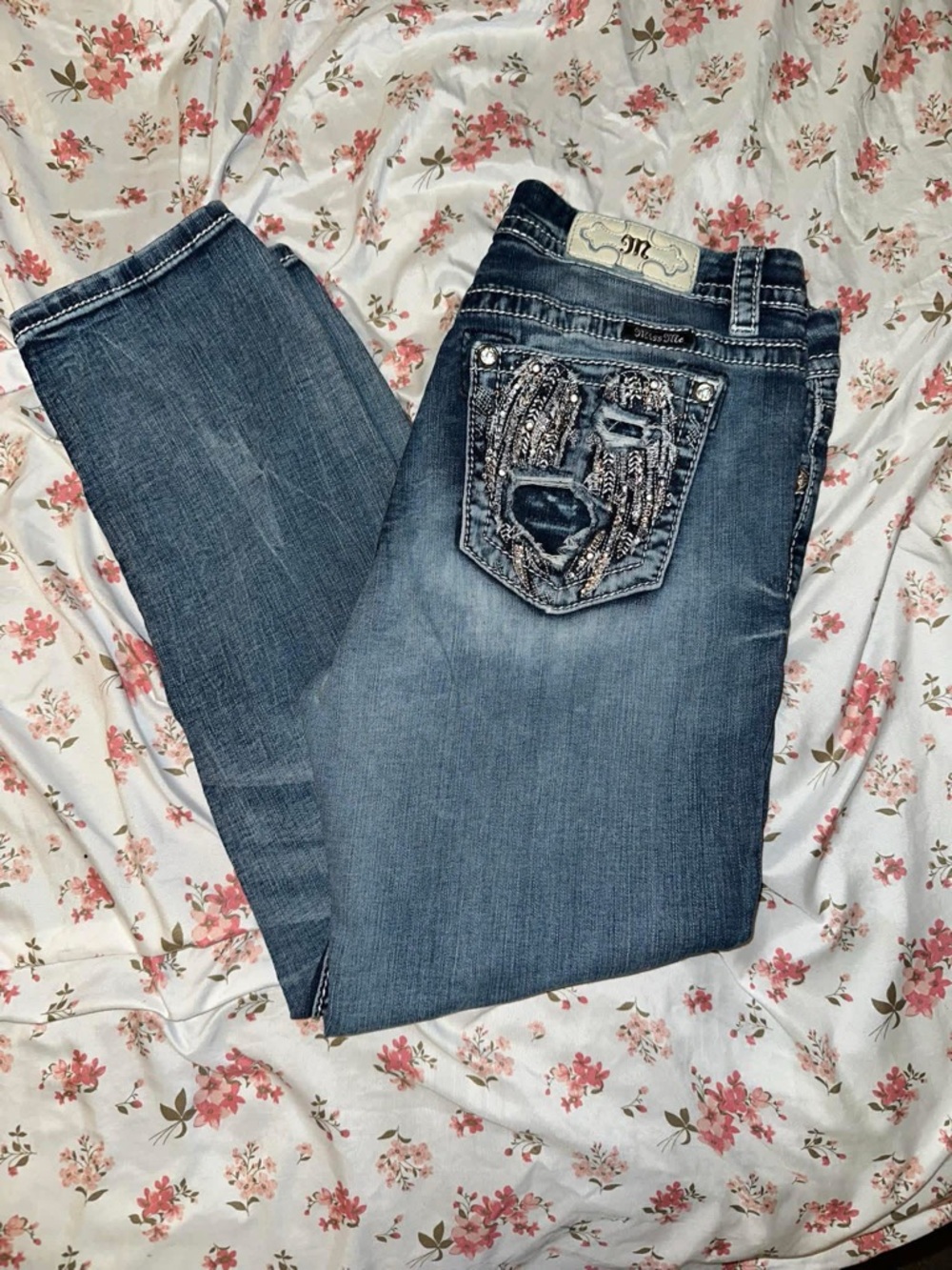 Rock Revival Distressed Embellished Back Pocket Skinny Jeans - Blue